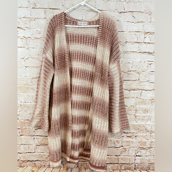Knox Rose womens 2XL cardigan sweater longline striped pink open front - Picture 2 of 6